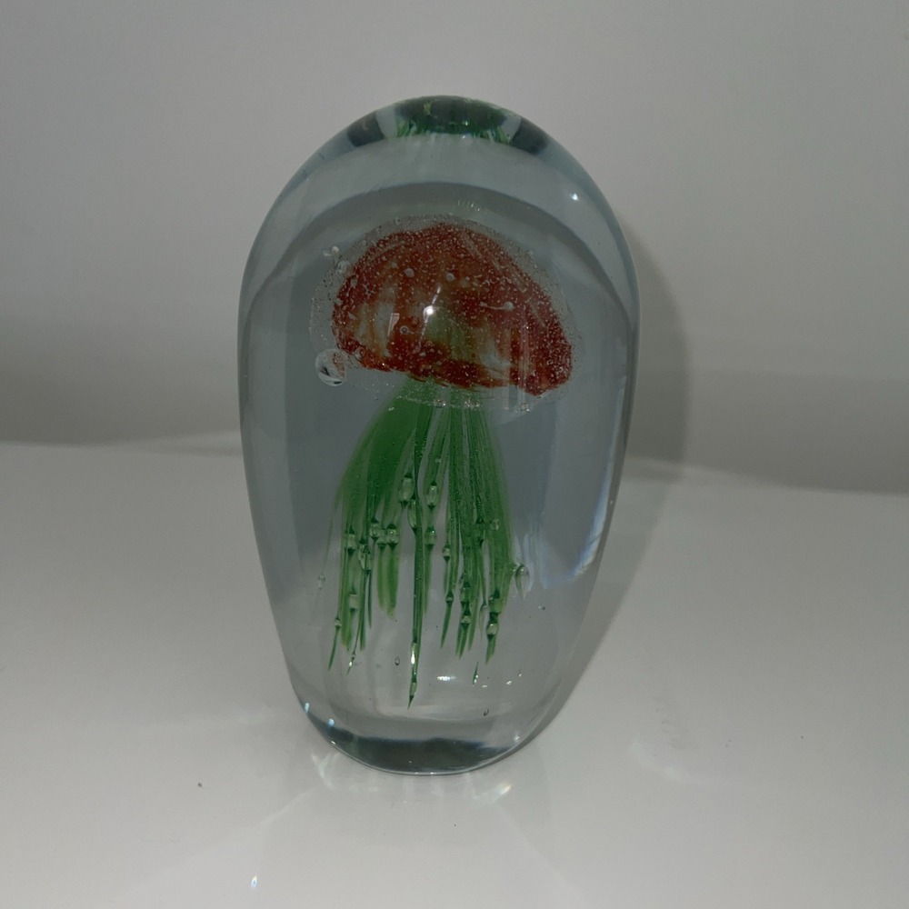 5N30/Art Glass Jellyfish Paperweight Clear Red/Green Large & Heavy 5 & 3/4" Tall